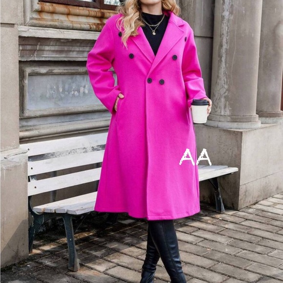 Classic Double Breast Button Jacket Coat Hot Pink - Picture 2 of 2